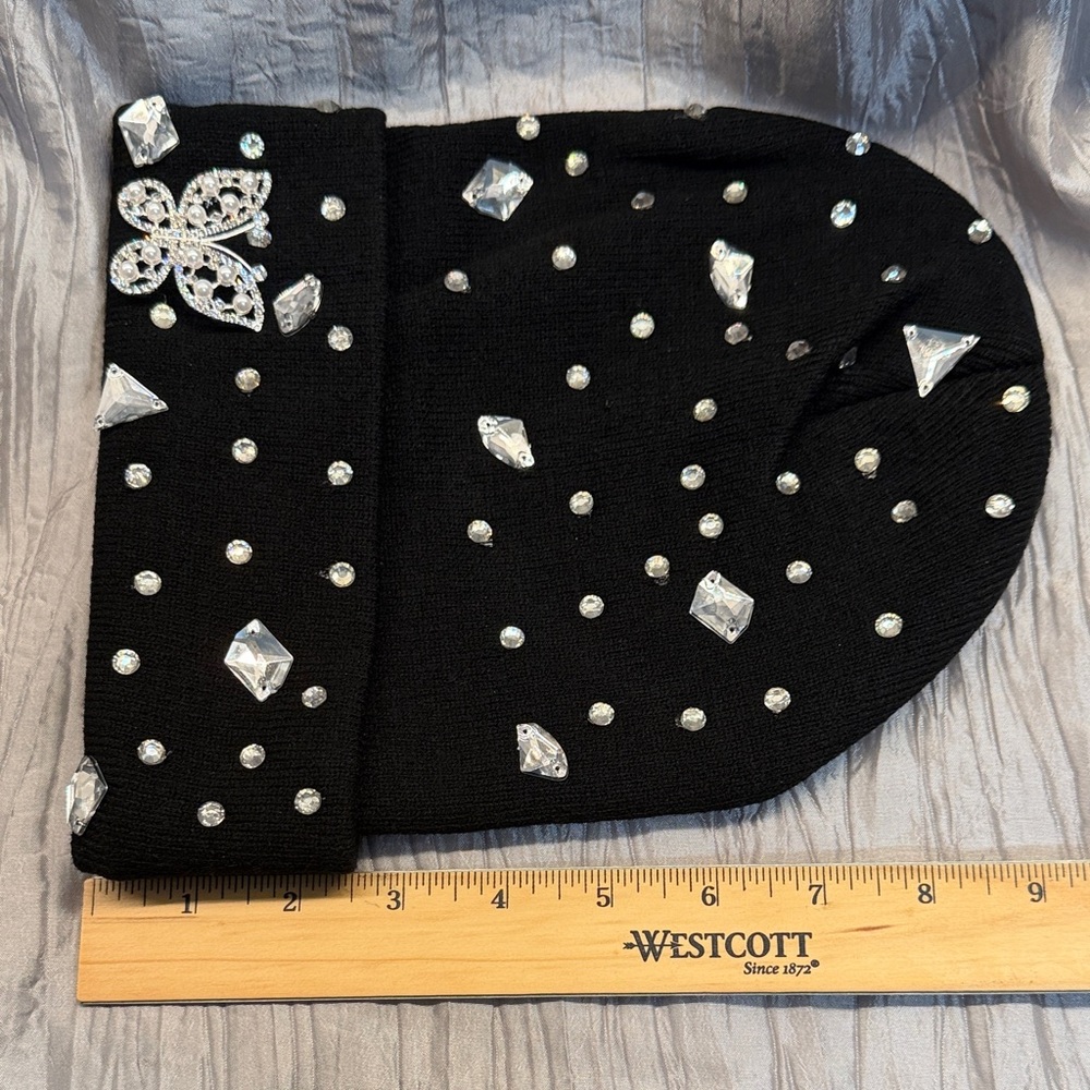 Embellished Black Beanie with Butterfly Detail - Picture 11 of 11